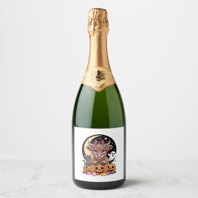 Highland Cow Halloween Spooky Season Sparkling Wine Label (Front)