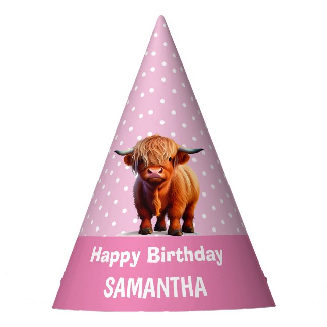 Highland Cow Happy Birthday Pink Party Hat (Front)