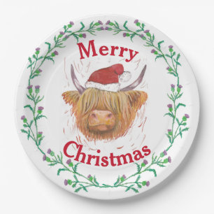 Highland Cow Hat Thistle Wreath Merry Christmas    Paper Plate