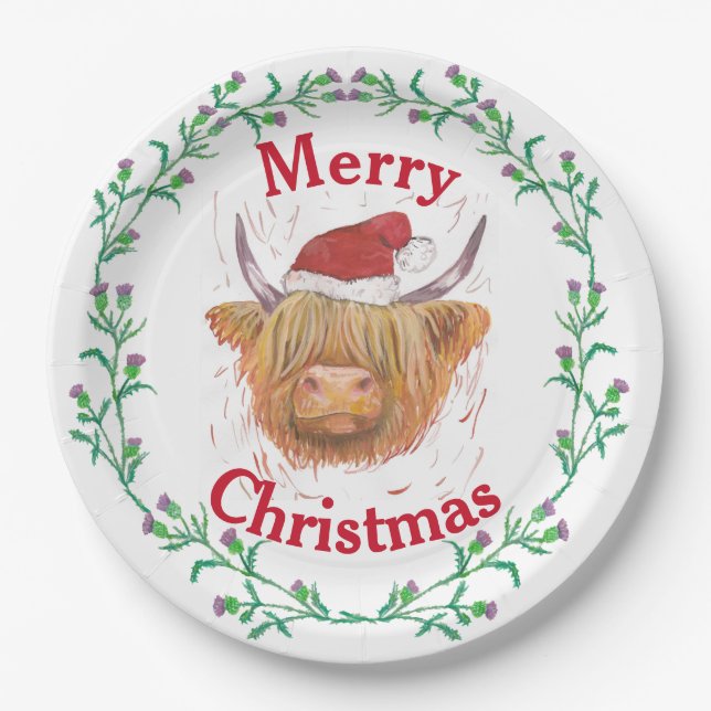 Highland Cow Hat Thistle Wreath Merry Christmas    Paper Plate (Front)