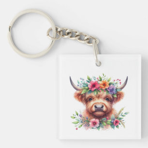 Highland Cow Head with Floral Crown – Rustic Farmh Keychain