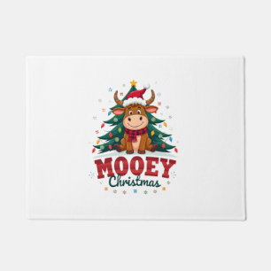 Highland Cow Heifer Santa Hat Mooey Christmas Tree Doormat