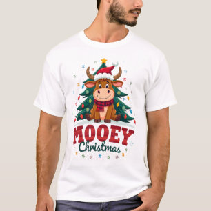 Highland Cow Heifer Santa Hat Mooey Christmas Tree T-Shirt