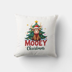 Highland Cow Heifer Santa Hat Mooey Christmas Tree Throw Pillow