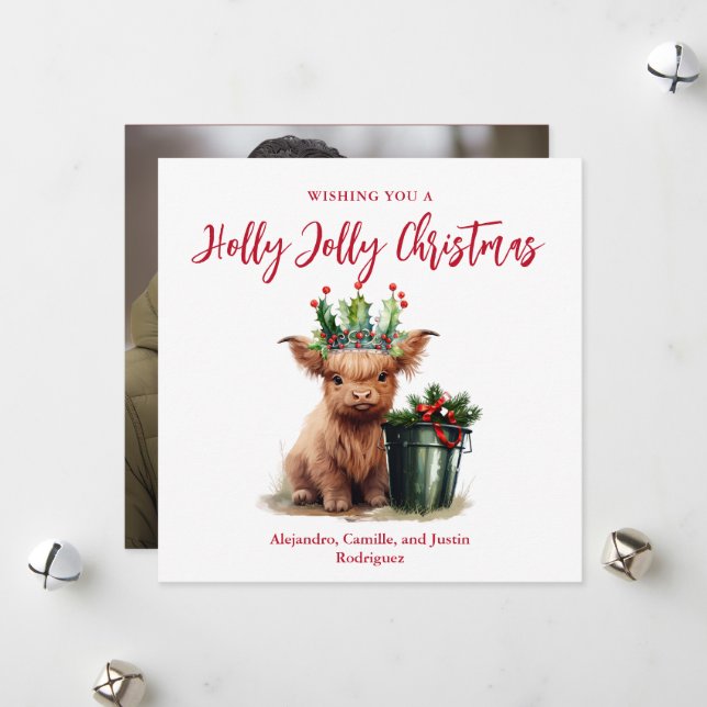 Highland Cow Holly Jolly Christmas Card - Square (Front/Back In Situ)