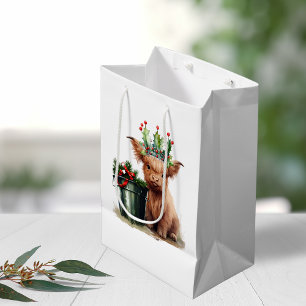 Highland Cow Holly Jolly Sac cadeau moyen de Noël