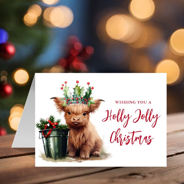 Highland Cow HollyJolly Carte de Noël pliéePhoto (Créateur téléchargé)