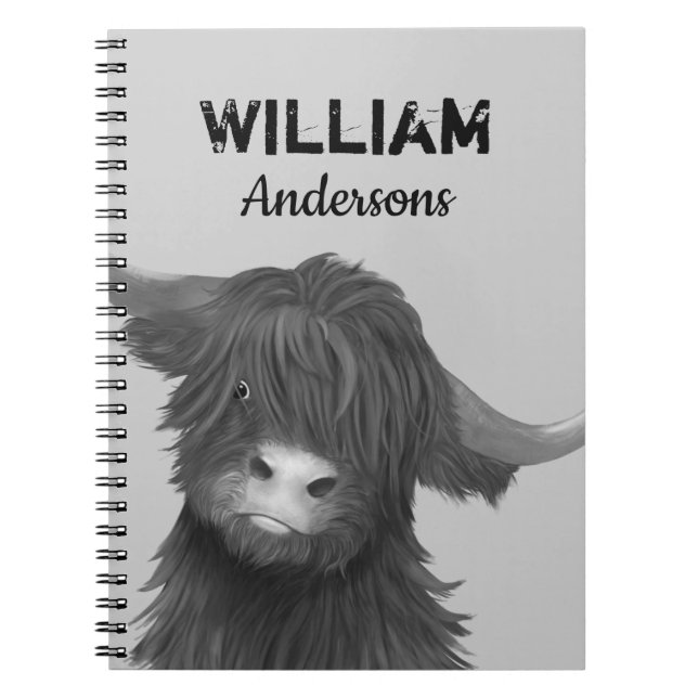 Highland Cow Illustration with Name Boys Notebook (Front)