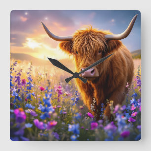 Highland Cow in a field of colorful flowers Square Wall Clock