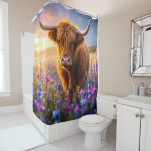 Highland Cow in a field of colourful flowers