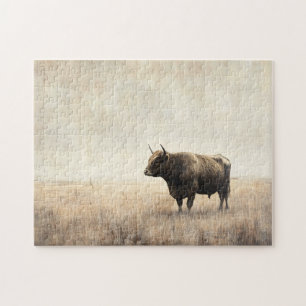 Highland Cow in a Field Sepia Jigsaw Puzzle