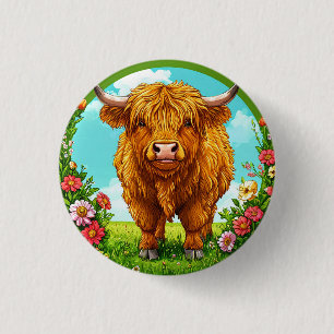 Highland Cow in a Flower-Decorated Pasture Scene 1 Inch Round Button