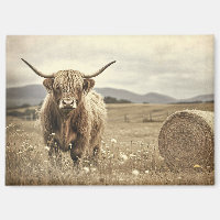 Highland Cow in a Hay Field Vintage