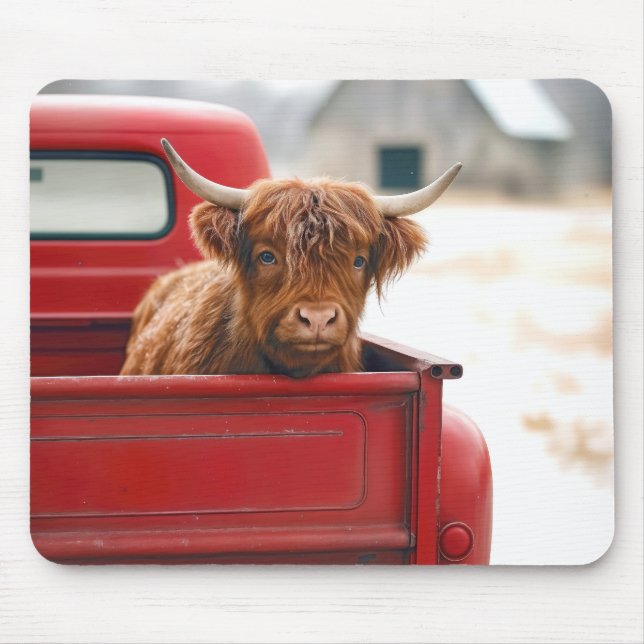 Highland Cow In a Red Retro Pickup Truck Mouse Pad (Front)