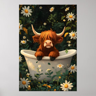 Highland Cow In Bathtub Poster, Funny Animal Poster