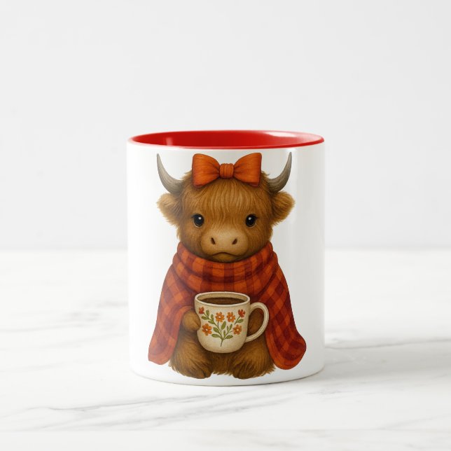 Highland Cow in Blanket Drinking Coffee – Cozy Fal Two-Tone Coffee Mug (Center)