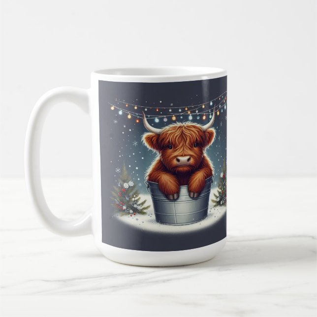 Highland Cow in Bucket with Colourful Lights  Coffee Mug (Left)
