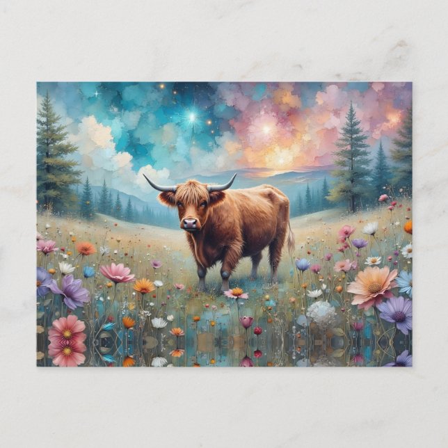 Highland Cow in Colourful Floral Tapestry Postcard (Front)