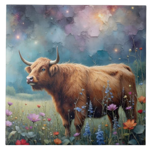 Highland Cow in Colourful Floral Tapestry Tile