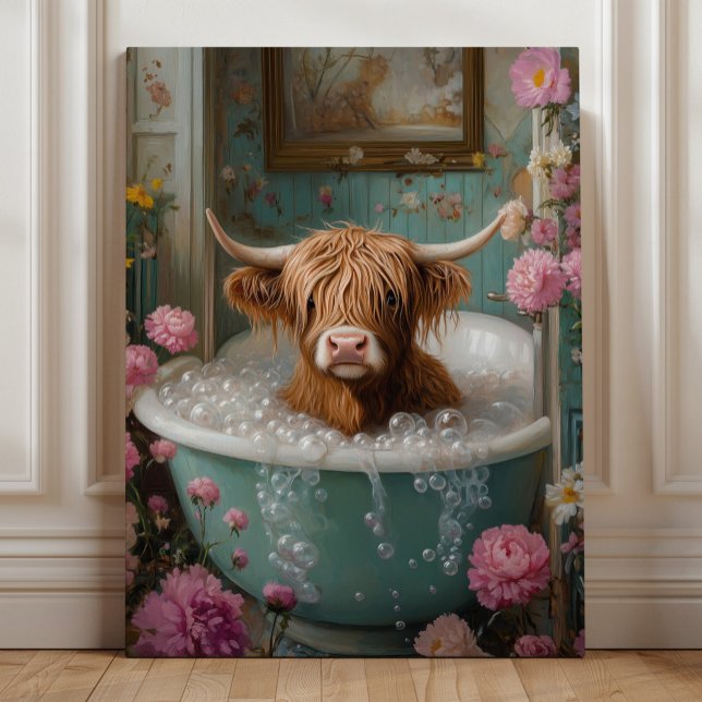Highland Cow in Floral Bathtub Art Canvas Print (Creator Uploaded)