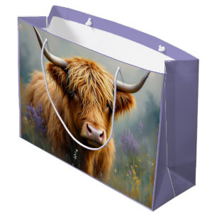 Highland Cow in Floral Meadow Close up Large Gift Bag