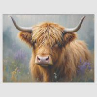 Highland Cow in Floral Meadow Close up