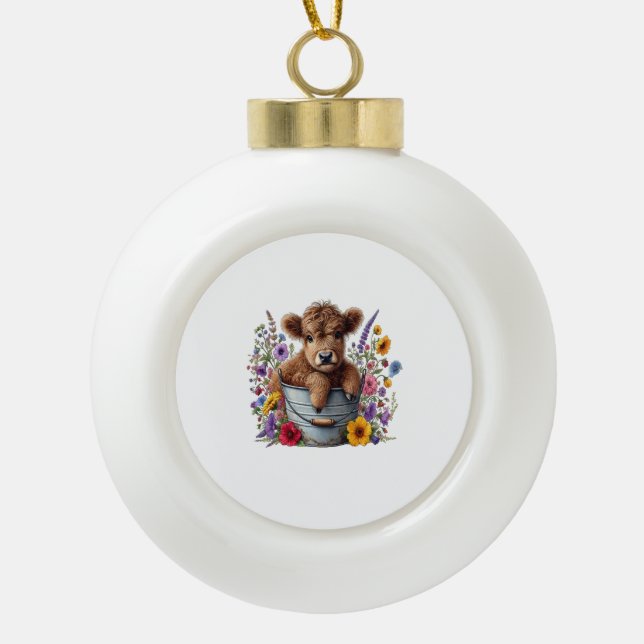 Highland Cow in Flower Bucket , Cute Ceramic Ball Christmas Ornament (Front)
