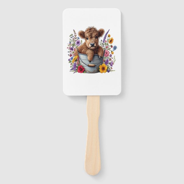 Highland Cow in Flower Bucket Png, Cute Hand Fan (Front)
