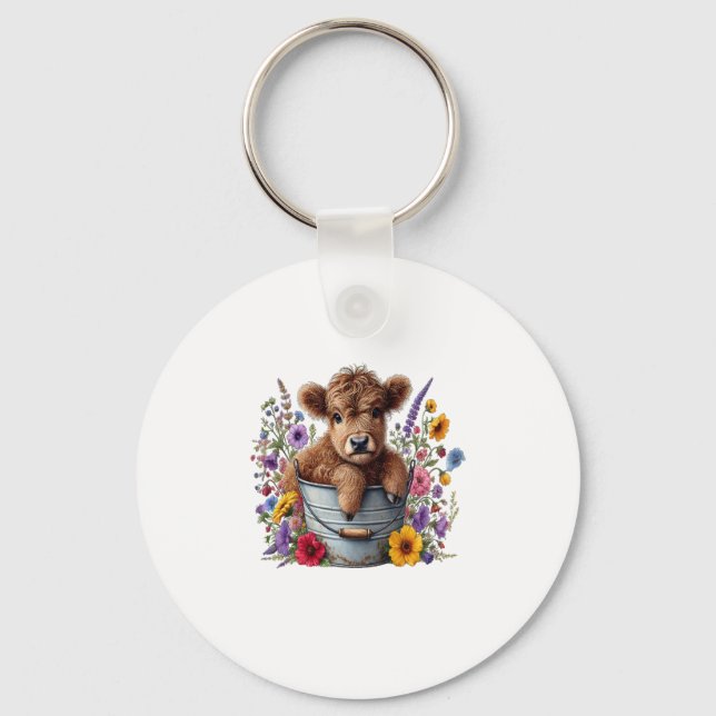 Highland Cow in Flower Bucket Png, Cute Keychain (Front)