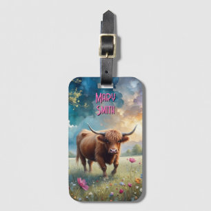Highland Cow in Flower Field Luggage Tag