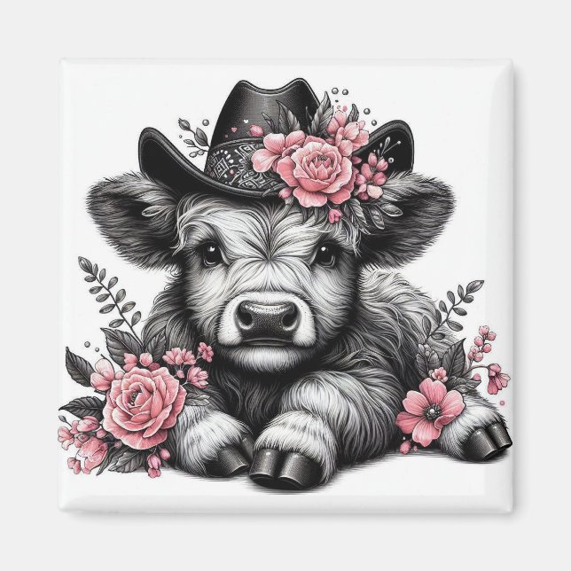 Highland Cow in Hat with Floral Decoration Magnet (Front)