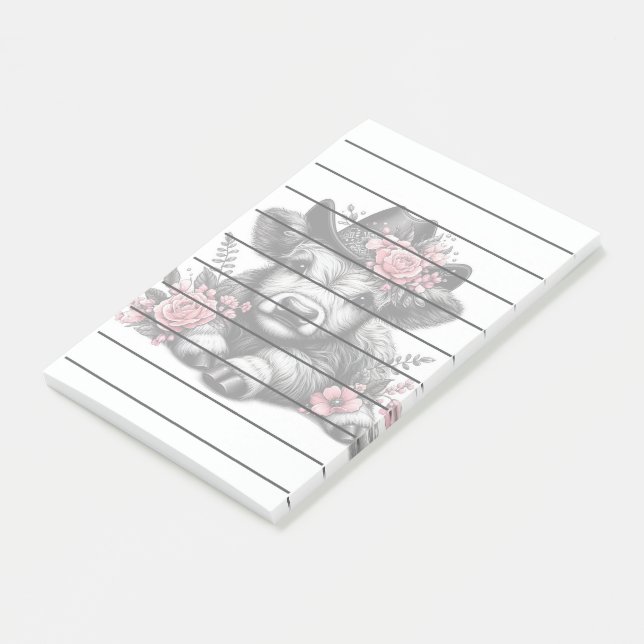 Highland Cow in Hat with Floral Decoration Post-it Notes (Angled)