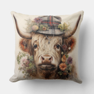 Highland cow in headwear 1 of 4 throw pillow