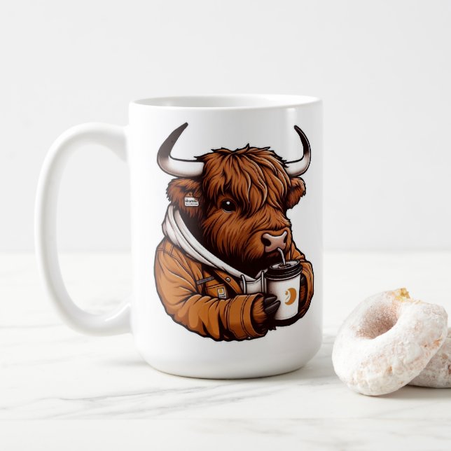  Highland Cow in Jacket Enjoying a Cozy Coffee  Coffee Mug (With Donut)