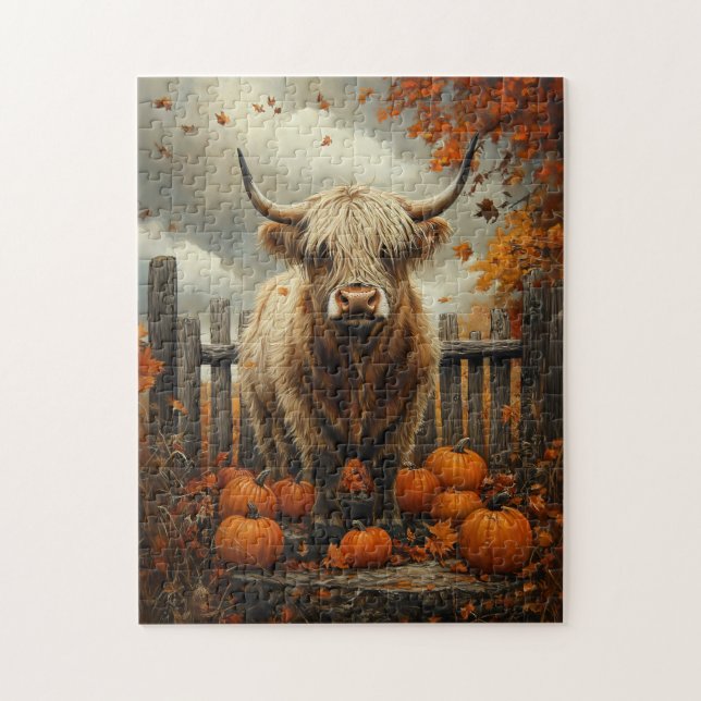 Highland Cow in Pumpkin Patch Jigsaw Puzzle (Vertical)