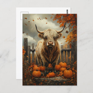 Highland Cow in Pumpkin Patch Postcard