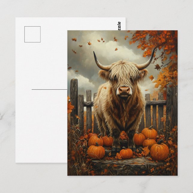 Highland Cow in Pumpkin Patch Postcard (Front/Back)