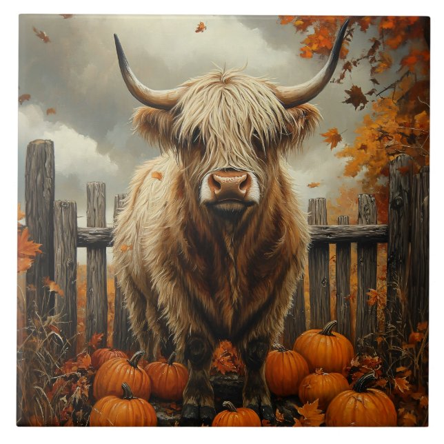 Highland Cow in Pumpkin Patch Tile (Front)