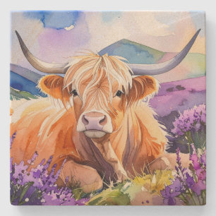 Highland Cow in Purple Heather Watercolor Stone Coaster