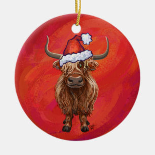 Highland cow in Santa Hat on Red Ceramic Ornament