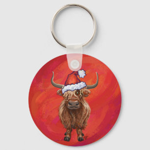 Highland Cow in Santa Hat on Red Keychain