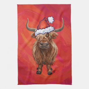 Highland cow in Santa Hat on Red Kitchen Towel