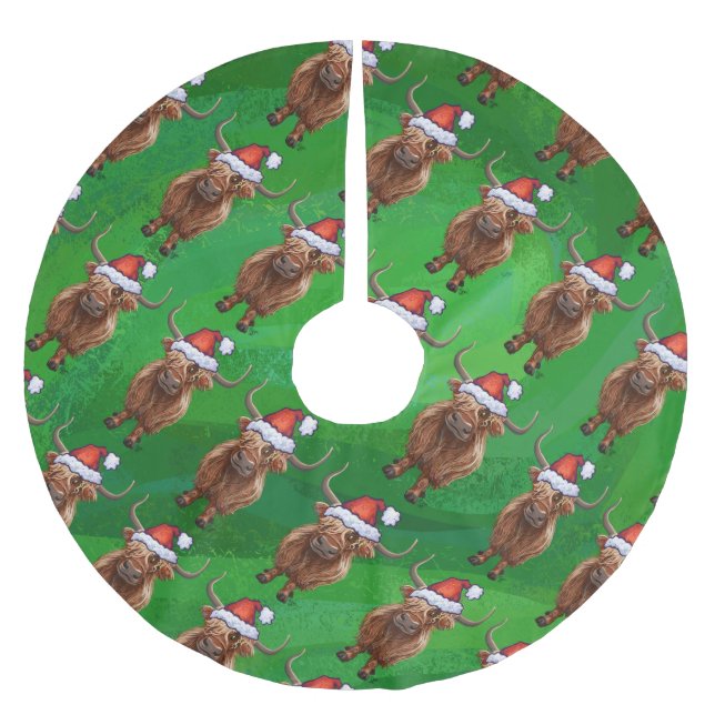Highland Cow in Santa Hat Pattern On Green Brushed Polyester Tree Skirt (Front)
