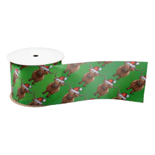 Highland Cow in Santa Hat Pattern On Green Satin Ribbon