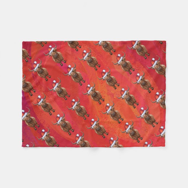 Highland cow in Santa Hat Pattern on Red Fleece Blanket (Front (Horizontal))
