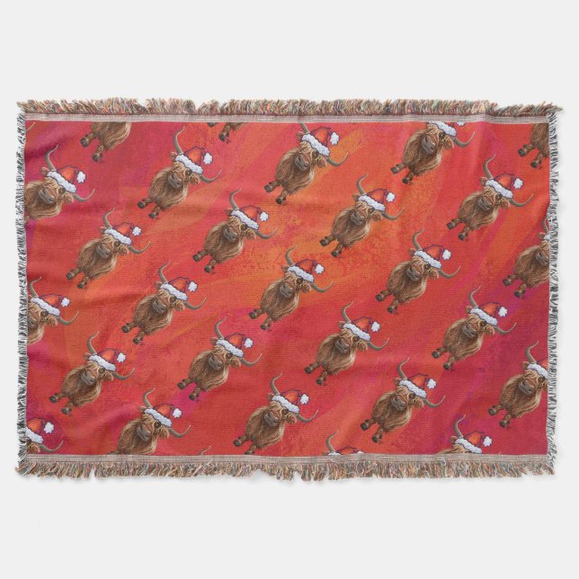 Highland cow in Santa Hat Pattern on Red Throw Blanket (Front)