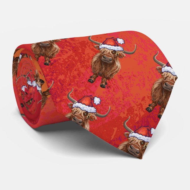 Highland cow in Santa Hat Pattern on Red Tie (Rolled)