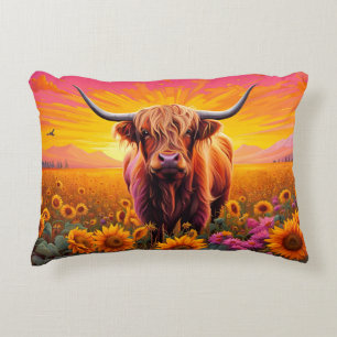 Highland Cow in Sunflowers at Sunrise Accent Pillow