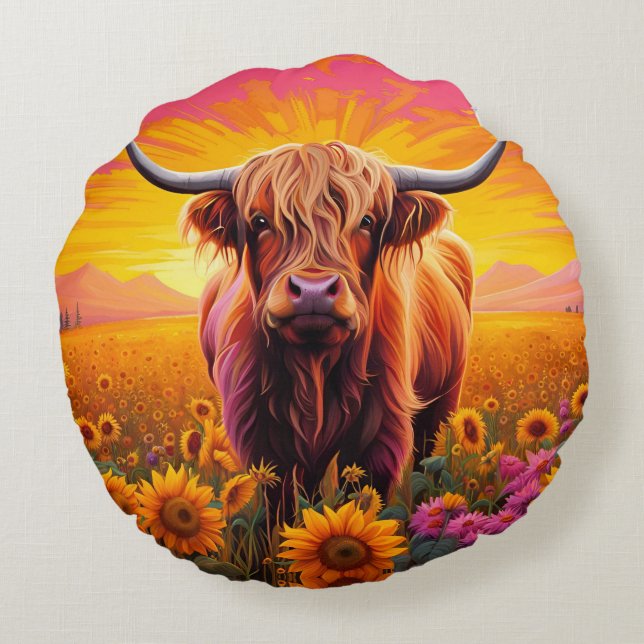Highland Cow in Sunflowers at Sunrise Round Pillow (Back)
