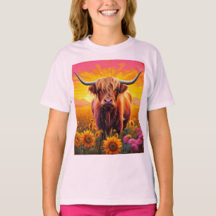 Highland Cow in Sunflowers at Sunrise T-Shirt